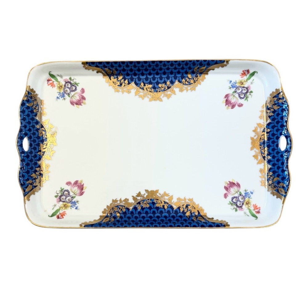 Vintage Porcelain Tray, Blue White Gold Fishscale Flowers, Trinket Bathroom Desk